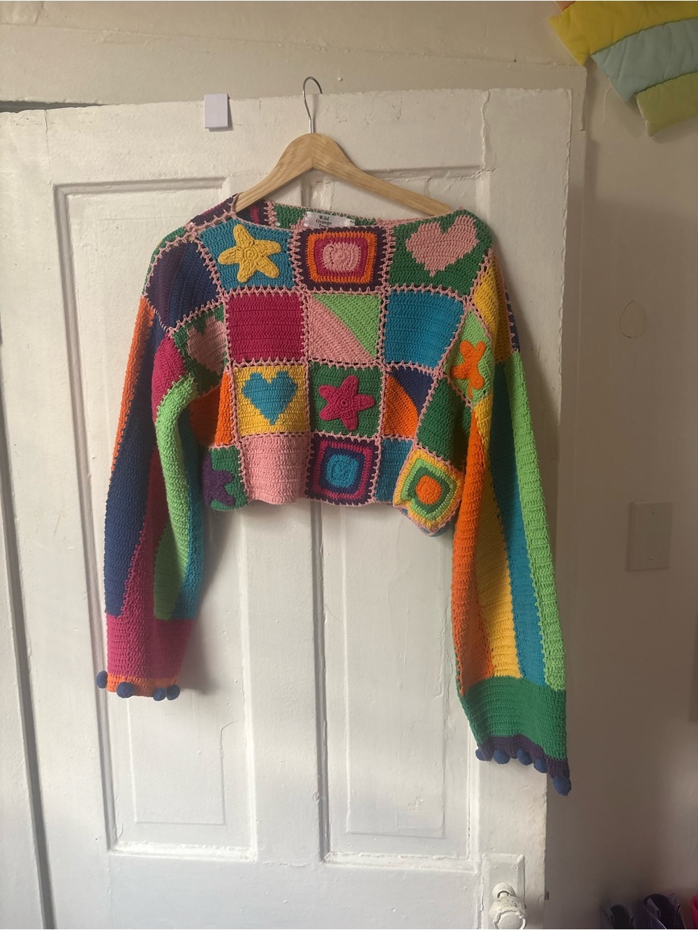 Wild Orange Tree Pom Pom Colorful Patchwork Crochet Cropped Sweater - Multicolor